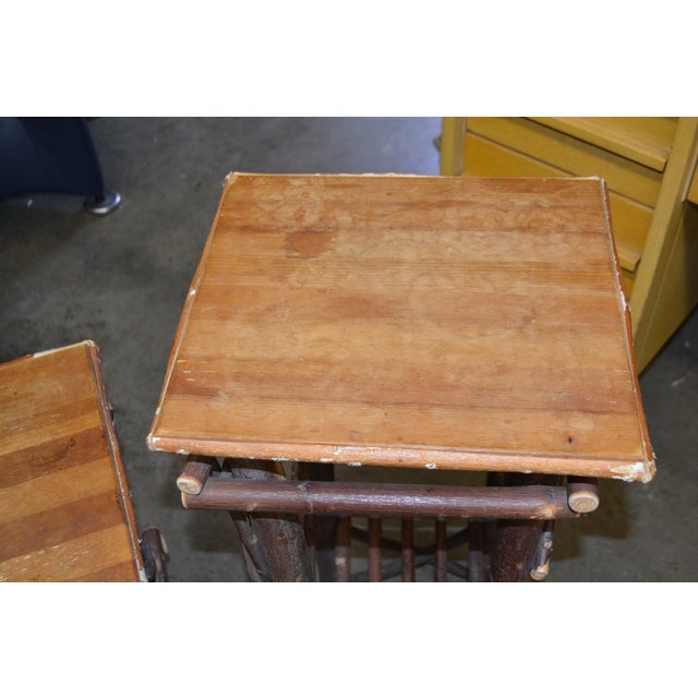 Farmhouse 1980s Pair Adirondack Style Hand Crafted Twig Log Wood Plant Stands or End Tables For Sale - Image 3 of 17