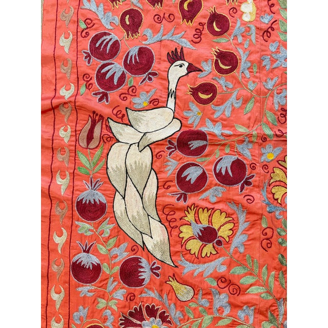 Coral Silk Suzani Wall Hanging With White Peacocks For Sale - Image 4 of 10