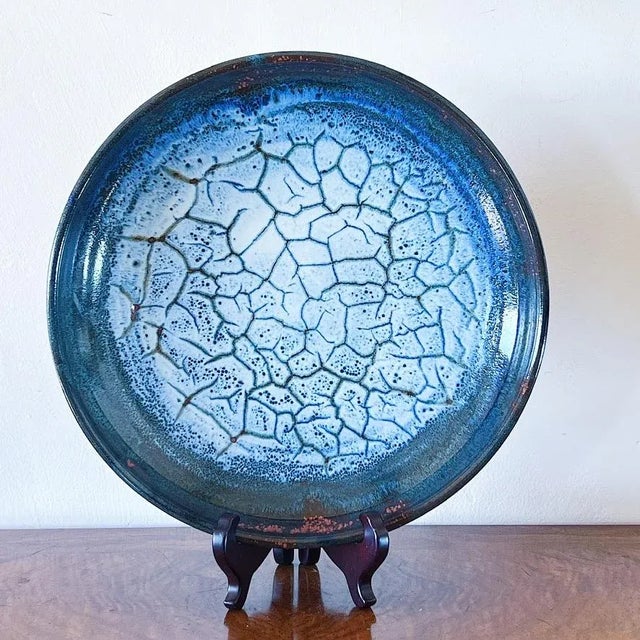 Vintage Hand Thrown Large Serving Plate / Charger / Bowl in Blue Crackle Glaze, Signed by California Artist Jerry Kry...