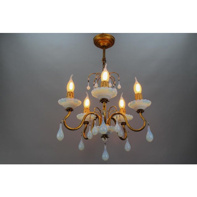 Italian Florentine Gilt Metal and White Opalescent Glass Five-Light Chandelier, 1970s For Sale - Image 4 of 18