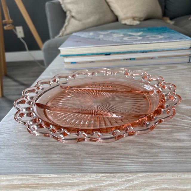 American Antique Pink Depression Glass Celery Dish For Sale - Image 3 of 8
