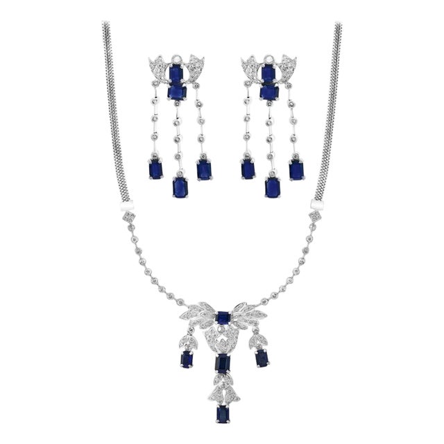 Late 20th Century AGI Natural Blue Sapphire & Diamond Necklace 18 Karat White Gold, Suite, Estate, Set For Sale