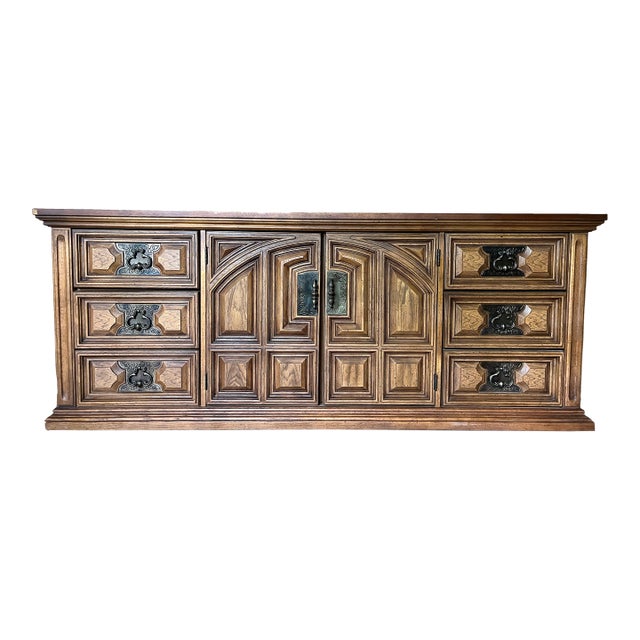 Vintage 1970s Bassett Spanish Revival Mediterranean 9-Drawer Triple Dresser For Sale