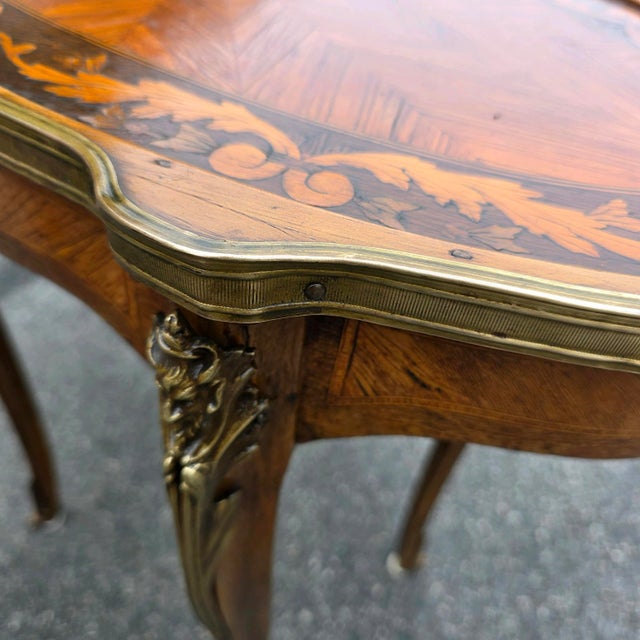 Antique 19th Century Pair of Louis XV Style Marquetry Side Table With Gilt Bronze Accents For Sale In Washington DC - Image 6 of 13