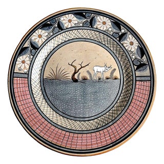 Vintage Large Tonalá Mexico Ceramic Wall Platter With Deer Motif, Signed Jimón For Sale