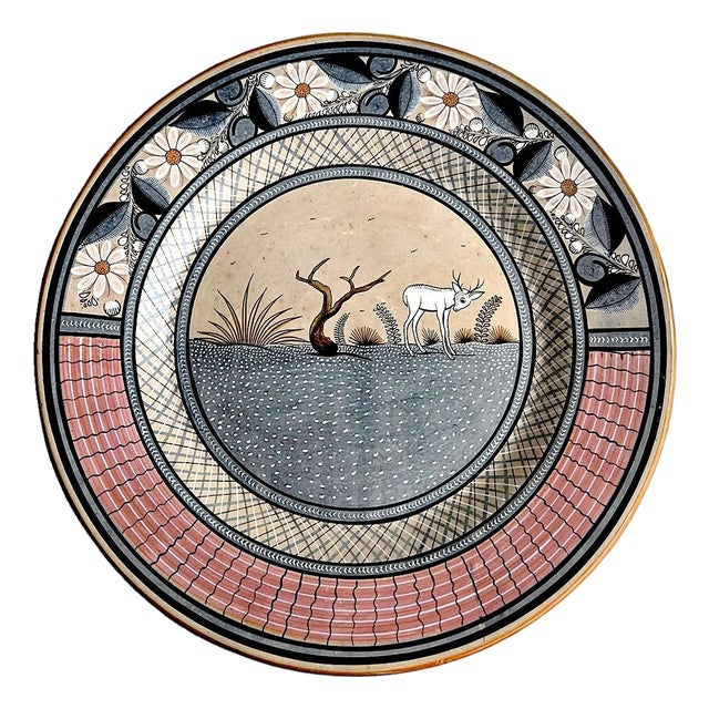 Vintage Large Tonalá Mexico Ceramic Wall Platter With Deer Motif, Signed Jimón For Sale