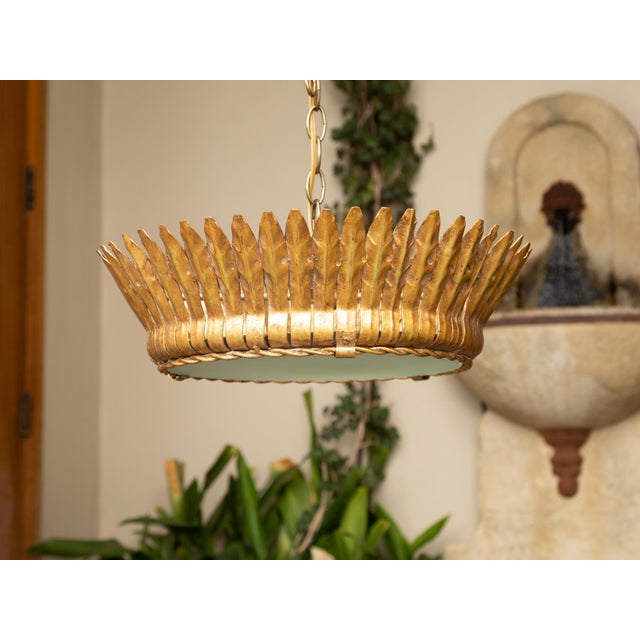 Vintage Spanish Gilt Metal Crown Chandelier with Frosted Glass and Leaf Motifs For Sale - Image 4 of 12