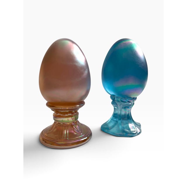 Mid-Century Modern Vintage Fenton Iridescent Art Glass Eggs, Pair | Pink & Aqua Blue For Sale - Image 3 of 4