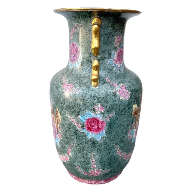 Ceramic Pair of Large Vintage Chinoiserie Green & Pink Rose Famille Peonies Porcelain Vases W/Double Ears For Sale - Image 7 of 8
