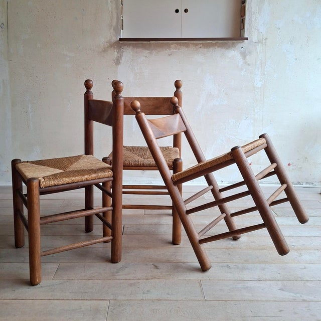 Brutalist Dining Chairs in Wood and Rush, 1970s, Set of 3 For Sale - Image 4 of 11