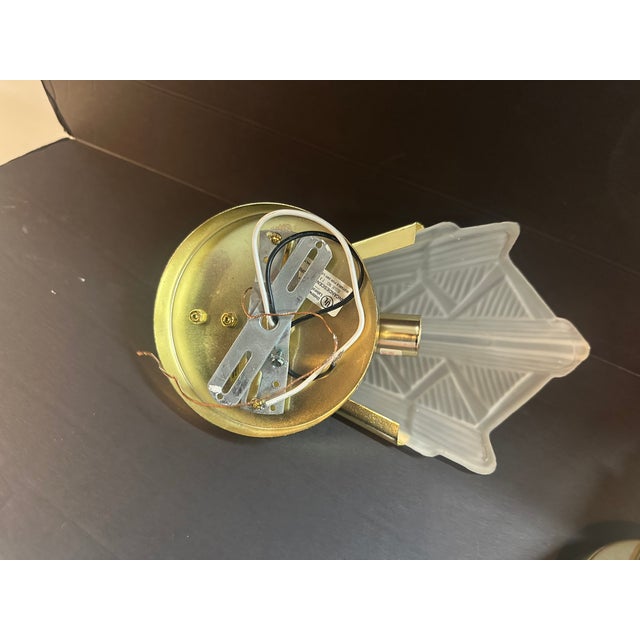 1970s 1970s Pair Vintage Art Deco Triangle Glass Brass Wall Light Sconces For Sale - Image 5 of 10