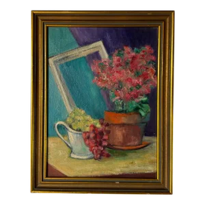 Vintage Still Life Oil on Canvas Painting, Framed