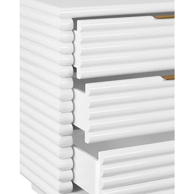 Worlds Away Matthew Izzo Home Mateo Glossy White Lacquer Three Drawer Side Table With Brass Drawer Pulls For Sale - Image 4 of 6