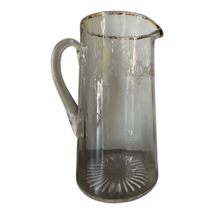 Vintage Bartlett Collins–Style Clear Glass Pitcher With Gold Rim and Wreath & Bow Enamel Design
