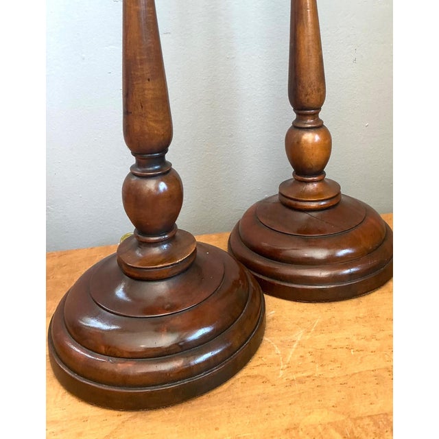 Vintage Theodore Alexander Turned Wood Candlestick Table Lamps - A Pair For Sale - Image 10 of 16