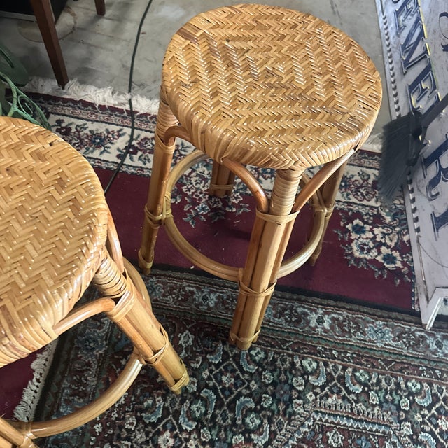 1970s 1970s Pair of Boho Woven Wicker Counter Stools For Sale - Image 5 of 7