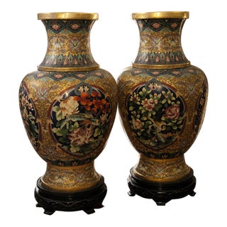 Matched Pair of Chinese Cloisonné Enamel Baluster Vases With Carved Black Hardwood Display Stands For Sale