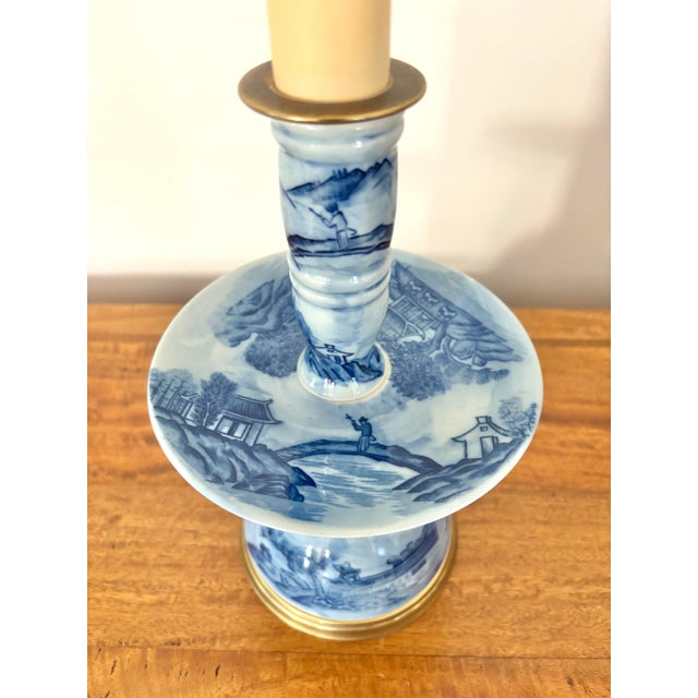 1950s 1950s Japanese Porcelain Candelabra Table Lamp With Wicker Shade For Sale - Image 5 of 9