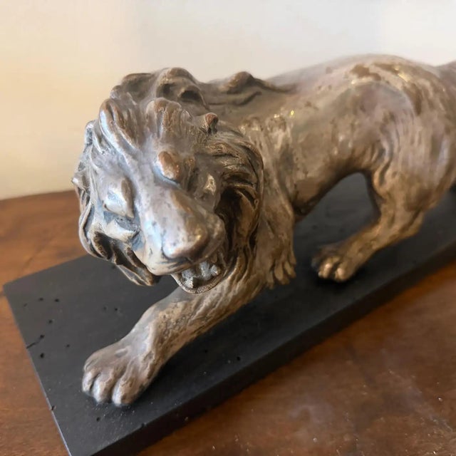 A 1940s Art Deco Silver Plate on Copper Italian Sculpture of a Roaring Lion For Sale - Image 12 of 16