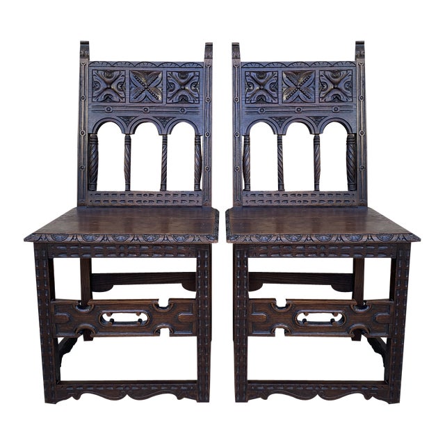 Set of Early 20th Century Spanish Carved Chairs with Wood Seat, 1890s For Sale