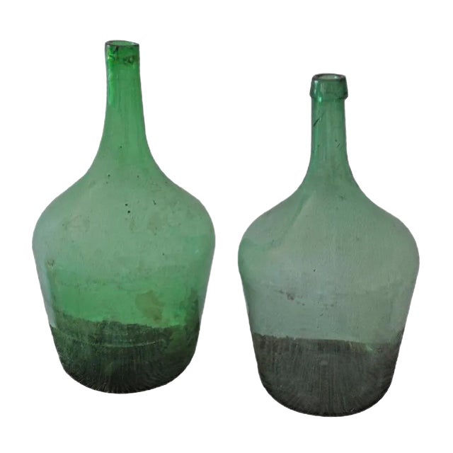Vintage Hungarian Green Wine Bottles, Set of 2 For Sale