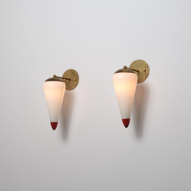Mid-Century Modern Large Italian Wall Sconces in Brass, Red Metal and Opaline Glass, 1950s, Set of 2 For Sale - Image 3 of 15