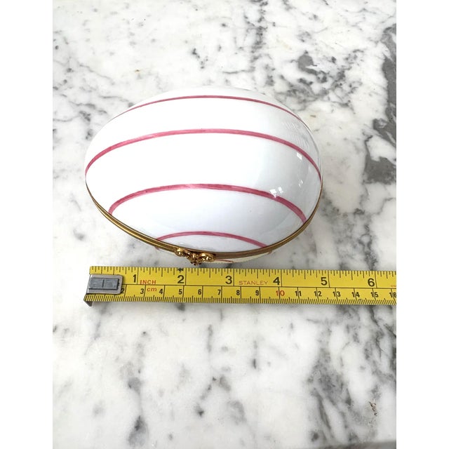 1960s Limoges France Handpainted Pink and White Striped Porcelain Egg Box With Brass Closure - Stamped For Sale In New York - Image 6 of 6