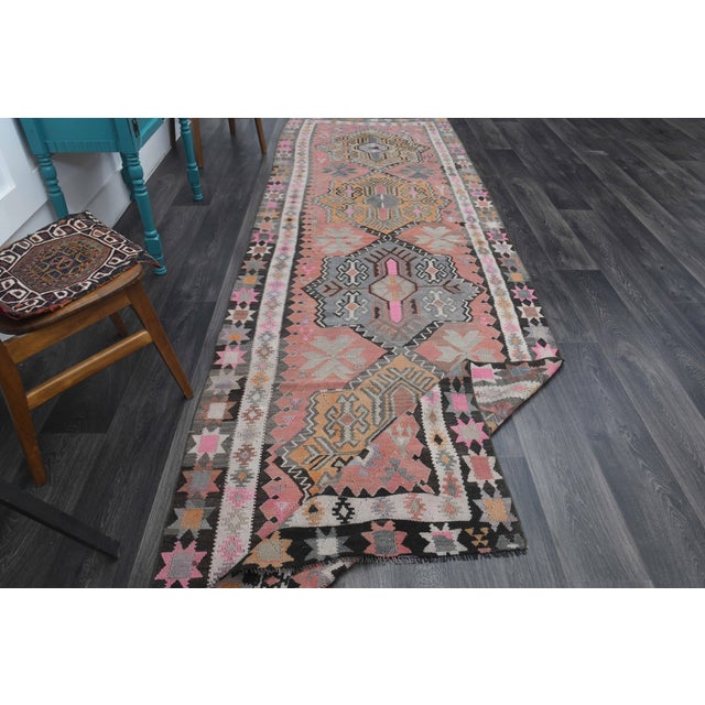 1970s 1970s Vintage Handmade Wool Cotton Pink Coral Runner Rug For Sale - Image 5 of 11