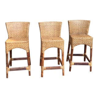 Set of 3 Woven Wicker Bar Stools With Backs For Sale