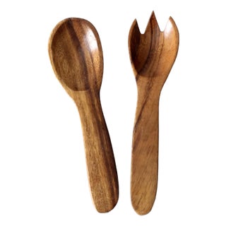 Mid Century Wooden Serving Utensils Pair For Sale