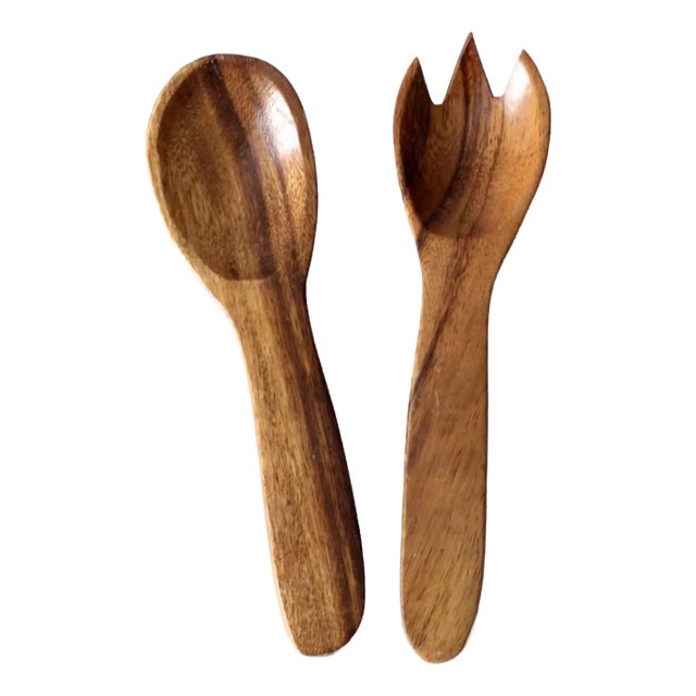 Mid Century Wooden Serving Utensils Pair For Sale