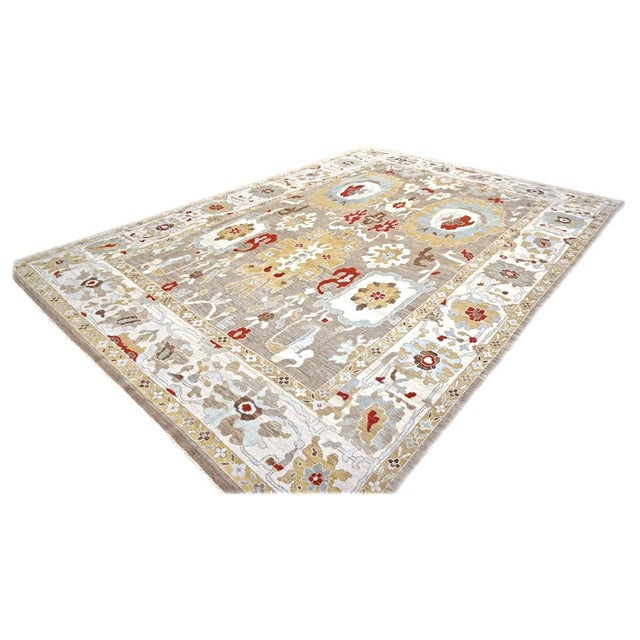 Islamic 21st Century Afghan Sultanabad Master Wool 10x14 Tan, Light Blue & Ivory Handmade Area Rug #1143285 For Sale - Image 3 of 7