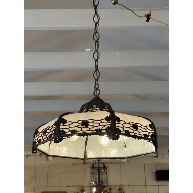 Tiffany Studios Milk Glass & Bronzed Metal Tiffany Style Chandelier For Sale - Image 4 of 5