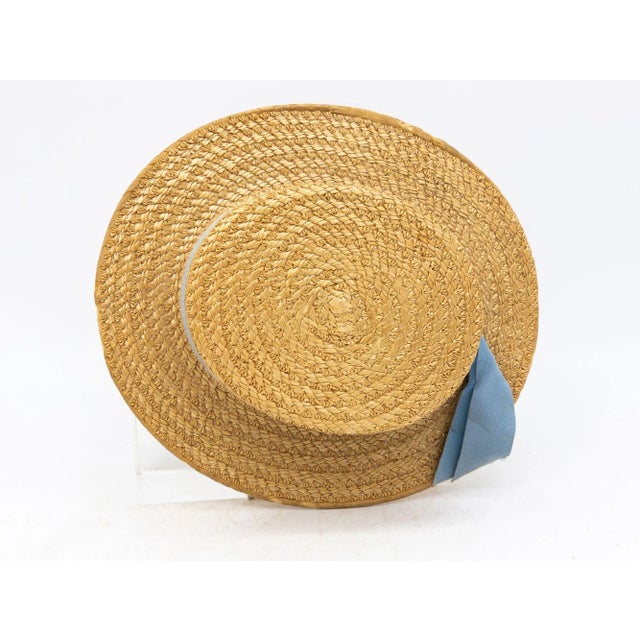 1930s Vintage Natural Straw Pale Blue Ribbon Bow Boater Hat, the Ridgemont Make, 1930s For Sale - Image 5 of 6