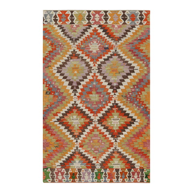 Vintage Mid-Century Denizli Diamond Yellow Multi-Color Wool Kilim Rug For Sale