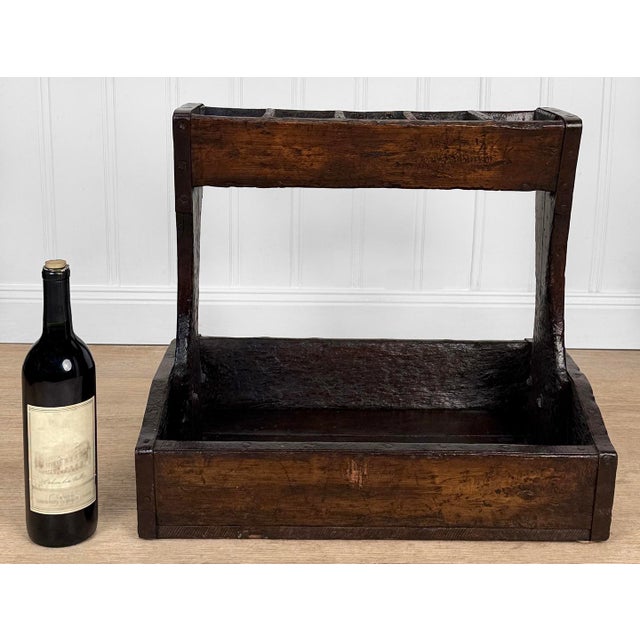 An Early Primitive Tool Box Caddy with Iron Strapping, c. Late 19th Century - Crafted of Solid Wood with an Aged Deep...