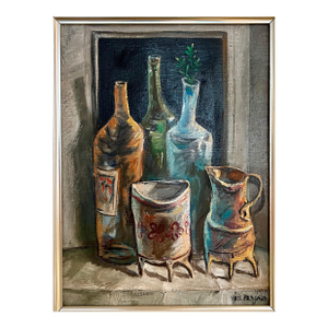 Yosl BergnerIsraeli Yosl Bergner Modernist OIl Painting Kitchen Bottles Coffee, Vase