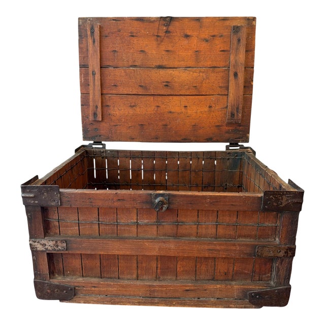 Antique First National Stores Wooden Shipping Crate With Lid – Wire Reinforced Grocery Transport Basket – Coffee Table Storage Chest For Sale