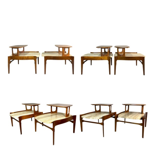 Brown Pair of Bertha Schaefer Sculptural Walnut Travertine Top Step Side End Tables For Sale - Image 8 of 12