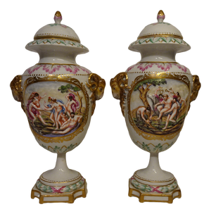 Antique 19th Century Lidded Porcelain Urn Vases from Capodimonte, Italy, Set of 2