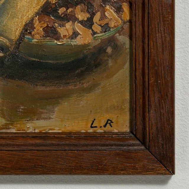 Oil on Panel Still Life With Fruit and Vessels by L. R. In Wooden Frame For Sale - Image 10 of 10