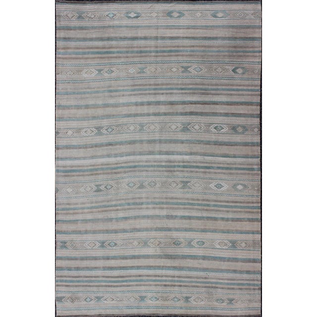 Gray, Blue Green, Taupe, and Camel Vintage Turkish Kilim With Geometric Design For Sale - Image 9 of 9