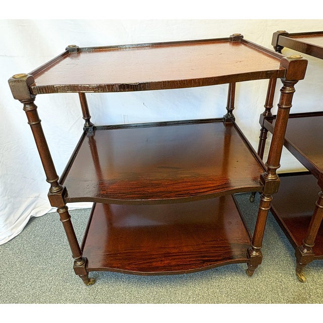 Wood Vintage Regency Style Wood Three Tiered Library Side Tables on Casters- A Pair For Sale - Image 7 of 18