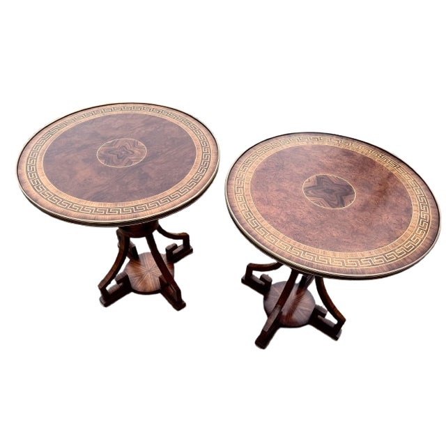 Pair of Burlwood Greek Key Side Tables With Custom Glass Tops For Sale - Image 14 of 18