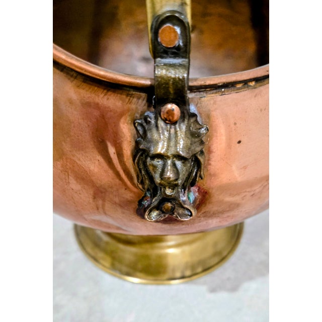 Metal Vintage Dutch Copper & Brass Coal Scuttle With Delft‑Style Handle & Lion Masks For Sale - Image 7 of 8