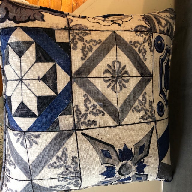 Pillows in cool fabric with blues, grays and whites Backing is out of white linen / cotton material, self welting and...