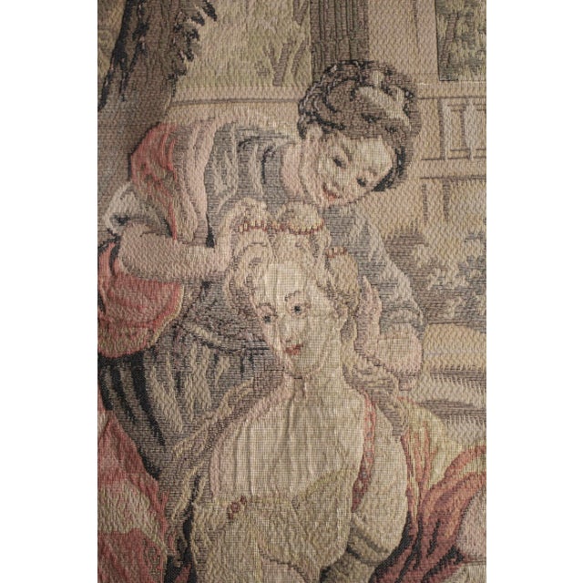 Large antique garden scene or garden party tapestry labeled on the bottom "Aventures de Telemaque dapres Rubens."...