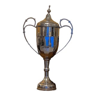 Large Vintage Silver Plate Trophy Urn With Lid, Sculptural Decorative Object For Sale