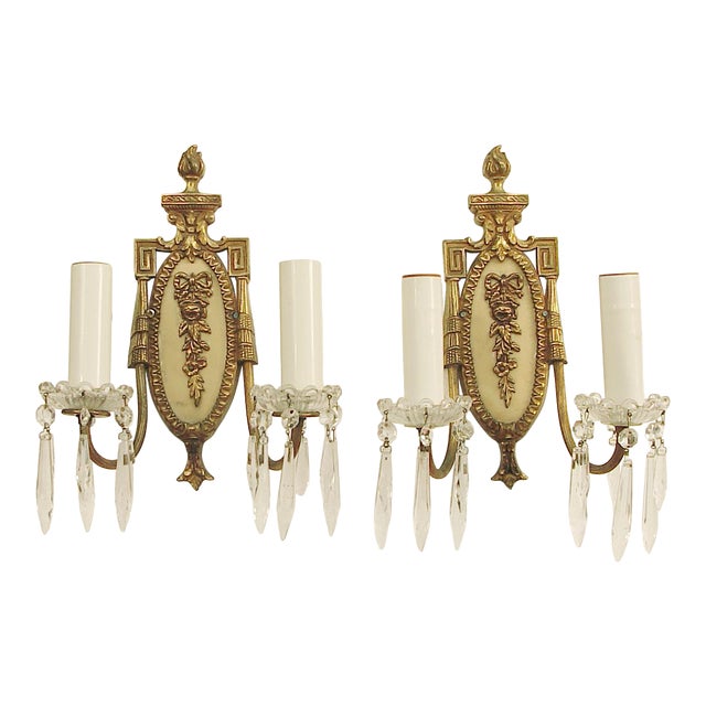 1930s American Sconces, High Quality Brass With Crystals, Gold Patina - A Pair, Hollywood Regency For Sale