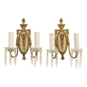 1930s American Sconces, High Quality Brass With Crystals, Gold Patina - A Pair, Hollywood Regency